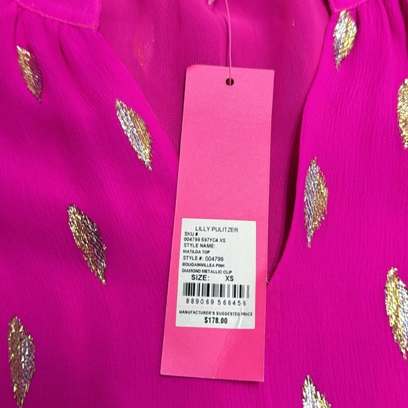 NWT Lily Pulitzer Blouse Extra Small XS Pink Gold Bell Sleeve Silk Top Boho - Picture 3 of 7